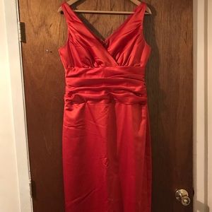 Persimmon colored ankle length bridesmaid dress